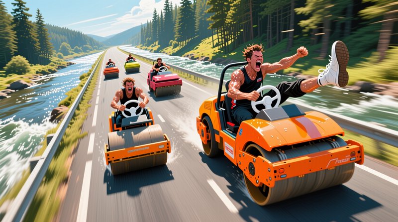 Stylized cartoon of drivers racing compact steamrollers on a riverside forest highway, lead racer...