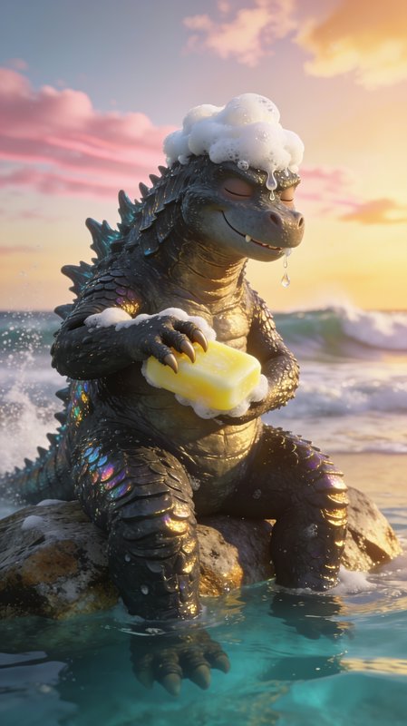 Cute stylized Godzilla sits on an ocean rock bathing, covered in soap suds, holding a yellow soap...