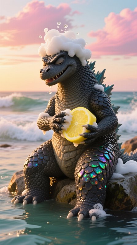 Cute chibi Godzilla covered in soap suds holds a lemon bath sponge while sitting on beach rocks a...