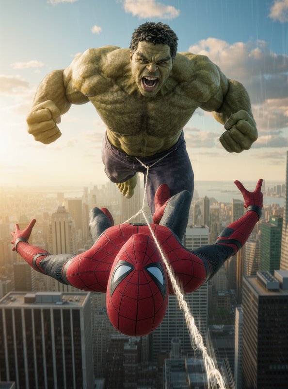 Spider-Man web-slings high above a city skyline with roaring Hulk tethered to his webbing, soarin...