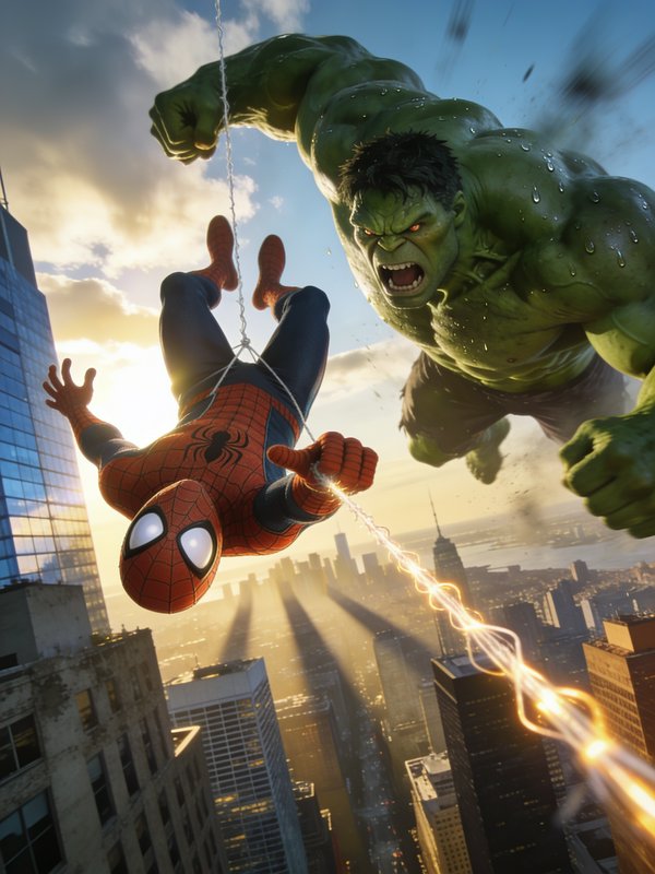Upside-down Spider-Man hangs from webbing as an enraged Hulk leaps toward him over a Manhattan su...