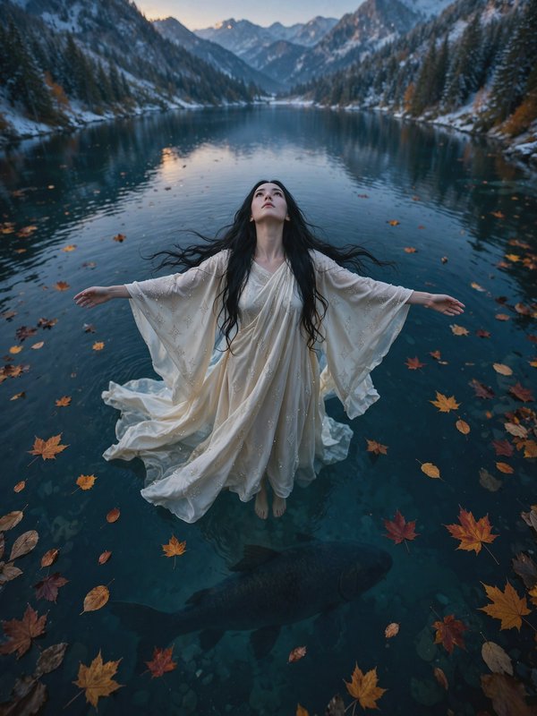 Ethereal long-haired woman in a flowing cream gown stands with outstretched arms in a mountain la...