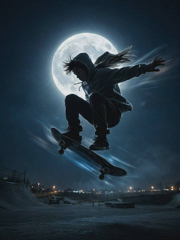 Silhouetted hooded skateboarder mid-air performing an aerial trick, backlit by a large full moon ...