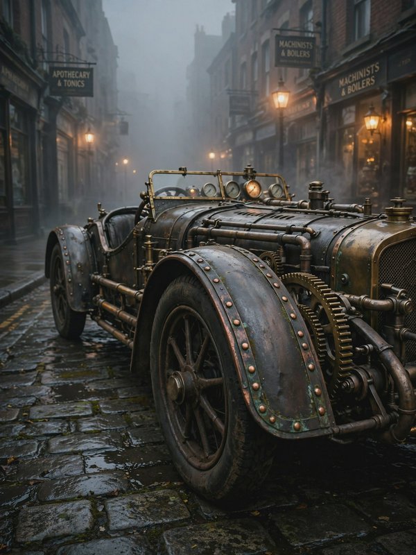 Intricate steampunk vintage roadster parked on foggy rain-slicked cobblestone Victorian street li...
