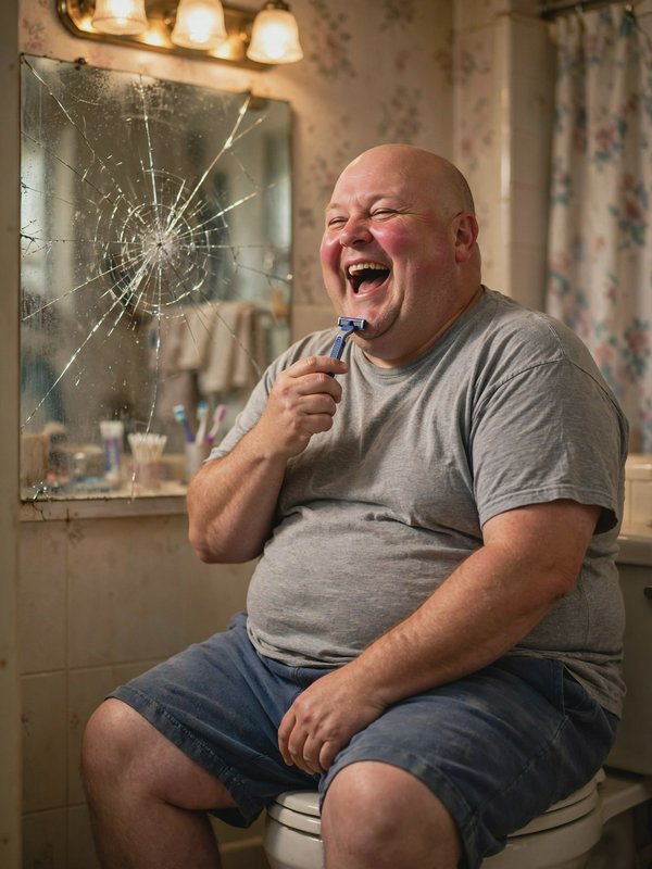 Heavyset bald man laughs heartily while sitting on a bathroom toilet holding a disposable razor n...