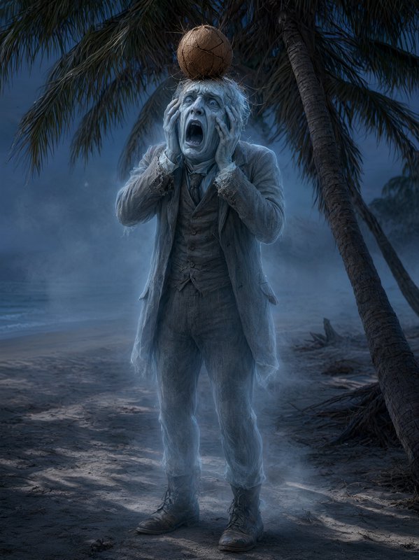 Ghostly shocked castaway with a coconut balanced on his head stands under palm trees on a misty n...