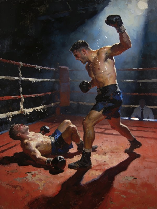 Victorious boxer raises his fist over a knocked out opponent in a spotlighted boxing ring