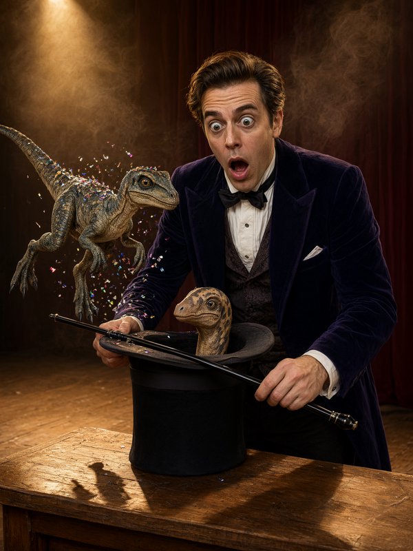 Shocked stage magician discovers tiny dinosaurs emerging from his magic top hat during a performance