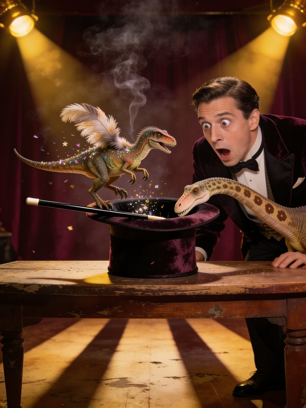 Shocked vintage magician stares as tiny feathered dinosaurs emerge from his velvet magic top hat on a theater stage