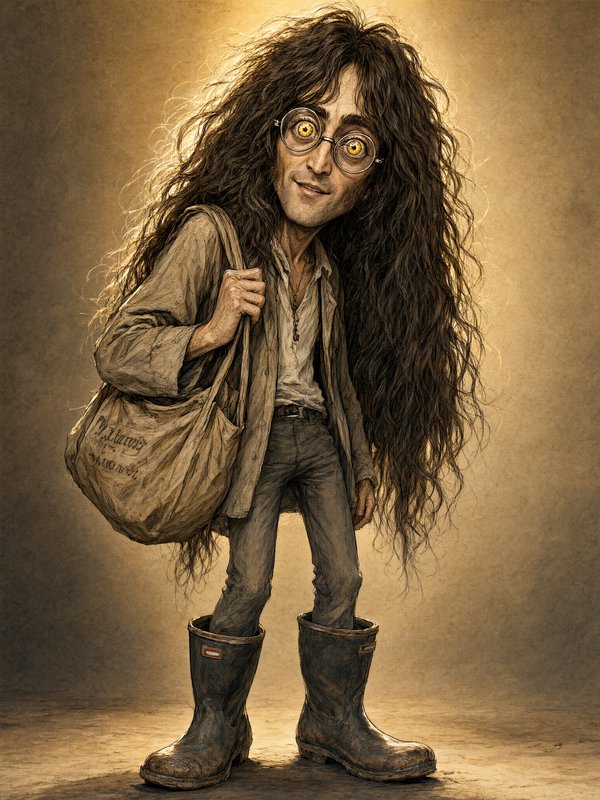 Whimsical caricature of a bespectacled scruffy man with long wild hair, work boots and a canvas s...