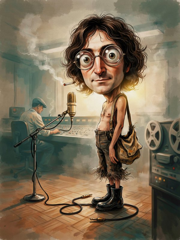 Exaggerated caricature of John Lennon standing at a vintage microphone inside a hazy retro recording studio