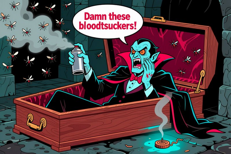 Frustrated Count Dracula sits up in his coffin complaining about mosquito bloodsuckers while hold...