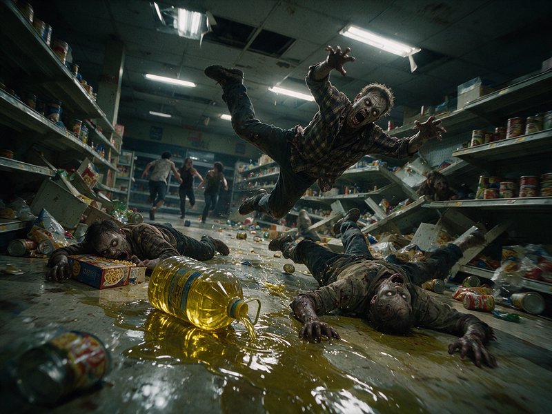 Undead zombies slipping on spilled cooking oil in a chaotic ransacked grocery store aisle