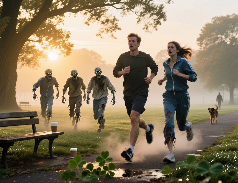 Panicked joggers flee approaching skeletal zombies along a misty park path at sunrise