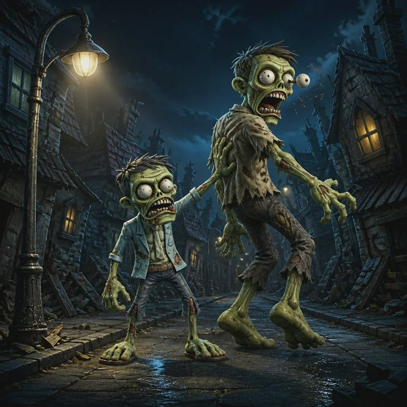 Two comical cartoon zombies stand on a wet spooky gothic town street at night under a glowing vin...