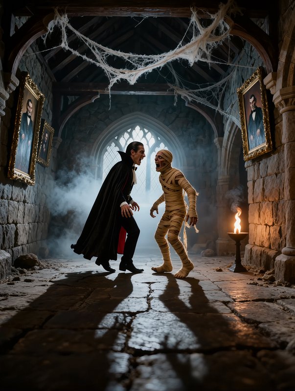 Count Dracula and a bandaged mummy shout while facing off in a spooky cobweb-covered stone castle hallway