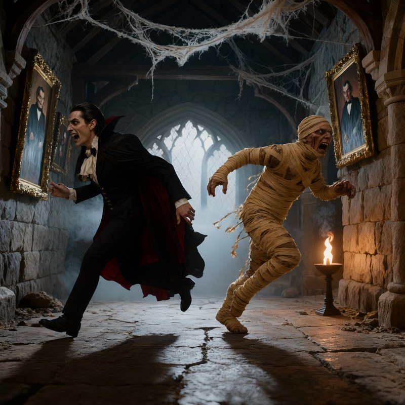 Classic vampire and bandaged mummy run through a cobweb-draped gothic castle hallway