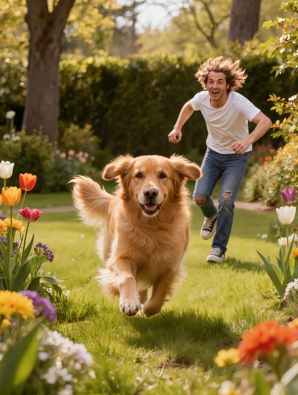 Happy golden retriever runs toward the camera as a laughing young man chases him through a sunny spring garden