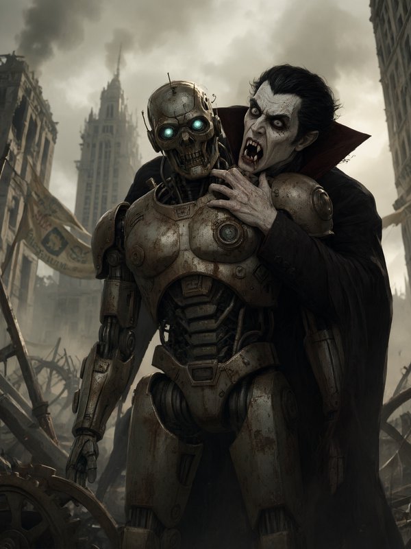 Snarling vampire grips a rusted glowing-eyed steampunk robot in smoldering ruined city ruins