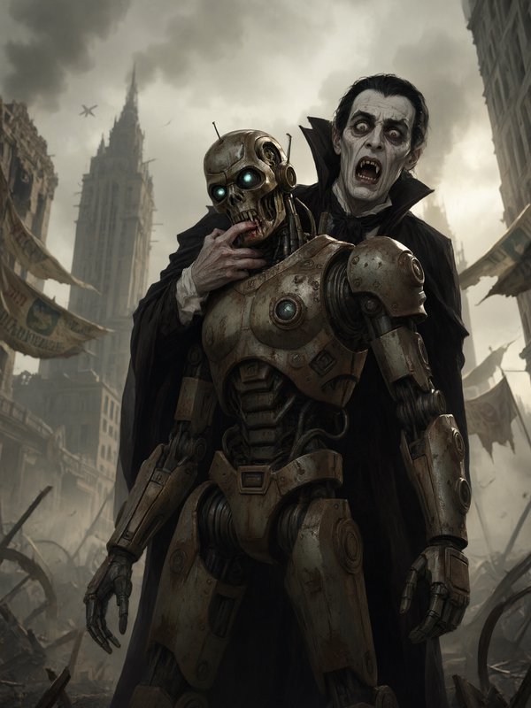 Pale fanged vampire grips the jaw of a rusted steampunk robot in a smoggy ruined city