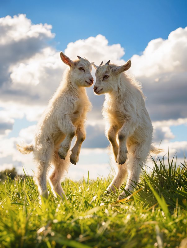 Two fluffy white baby goat kids stand face to face on their hind legs in a sunlit grassy field