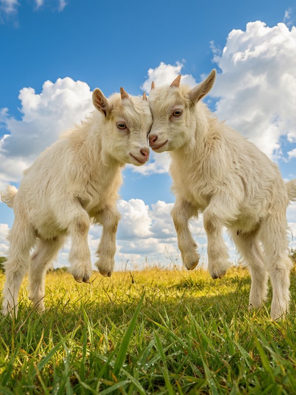 Two fluffy white baby goat kids touch heads while jumping above grass under a bright cloudy sky
