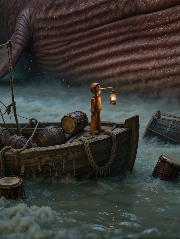 Wooden Pinocchio holds a lit lantern standing in a waterlogged rowboat as a giant whale looms nearby