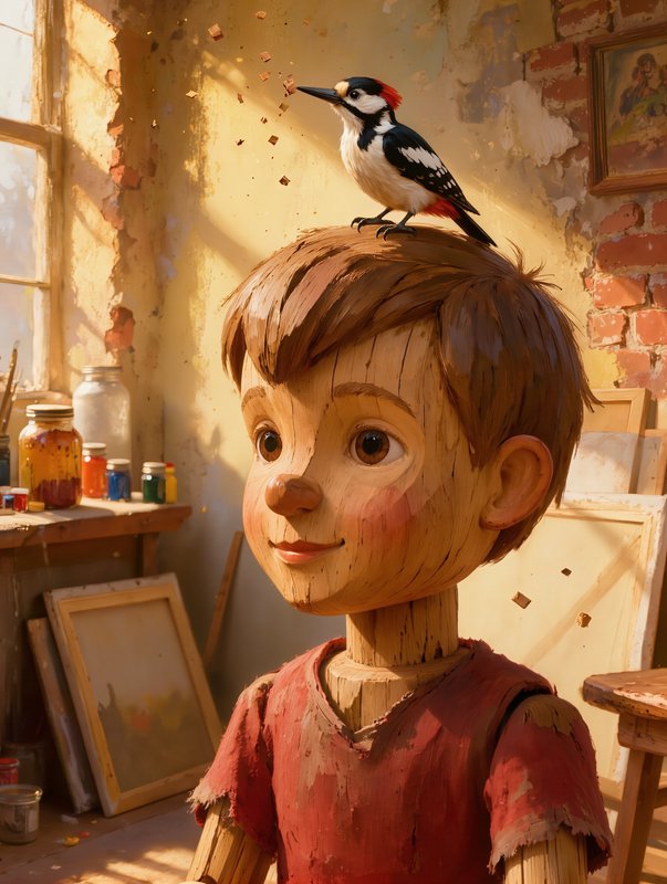Carved wooden Pinocchio puppet has a great spotted woodpecker perched on his head in a sunlit art...