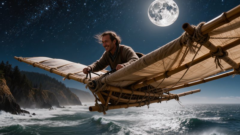 Smiling man pilots a handmade bamboo glider above a choppy ocean under a bright full moon