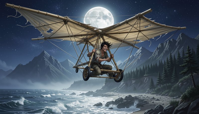 Grinning adventurer flies a rickety tattered bamboo glider above a moonlit coastal shore under a ...