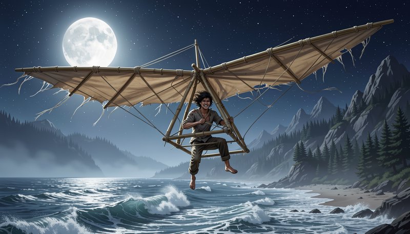 Man piloting a tattered homemade glider low over crashing ocean beneath a bright full moon