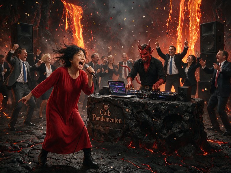 Woman sings karaoke as a horned devil DJ plays at a fiery hell-themed corporate party with lava waterfalls