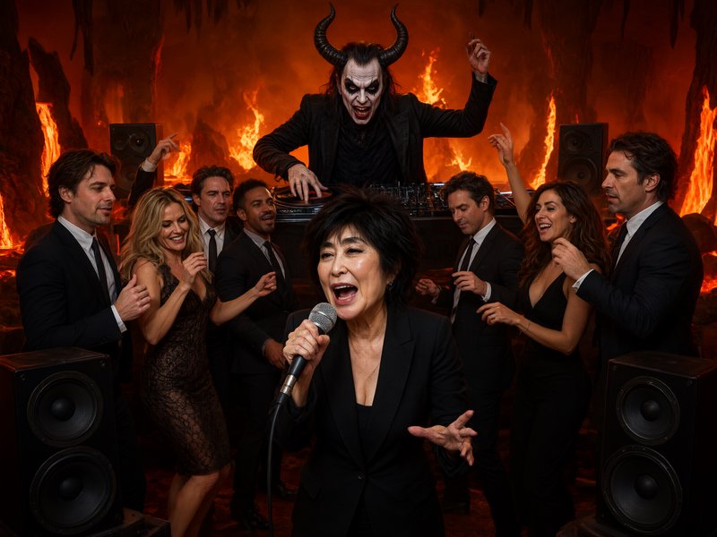 Woman singing into a microphone at a hell-themed party with a horned demon DJ and dancing guests