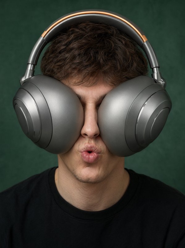 Playful man pouting as large silver over-ear headphones cover his eyes against a dark green backdrop