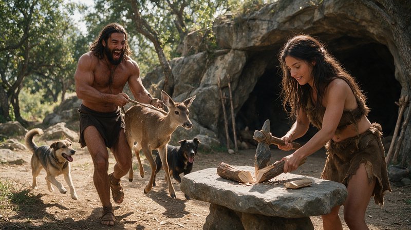 Prehistoric caveman leads a deer to camp as a cavewoman chops wood outside a rocky cave with two ...