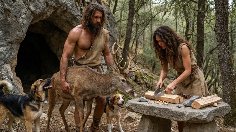 Prehistoric stone age couple outside a rocky cave tend a deer as a woman carves wood, with two do...
