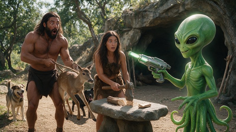 Shocked prehistoric cave people encounter a tentacled green alien holding a ray gun outside their...