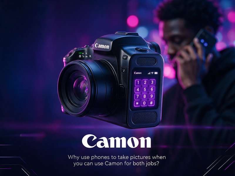 Futuristic Camon hybrid camera-phone concept floats against neon purple bokeh, with a man on a ca...