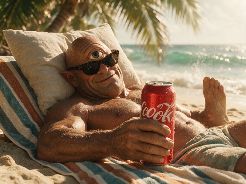 Surreal buff cyclops caricature lounging on a sunny beach holding a cold red soda can