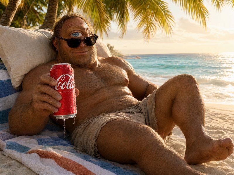 Surreal one-eyed muscular man in sunglasses relaxes on a tropical beach holding a cold dripping s...