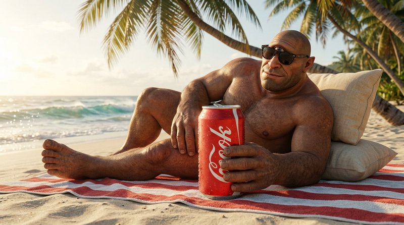Muscular bald man in sunglasses lounging on a sunny tropical beach holding an oversized red soda can