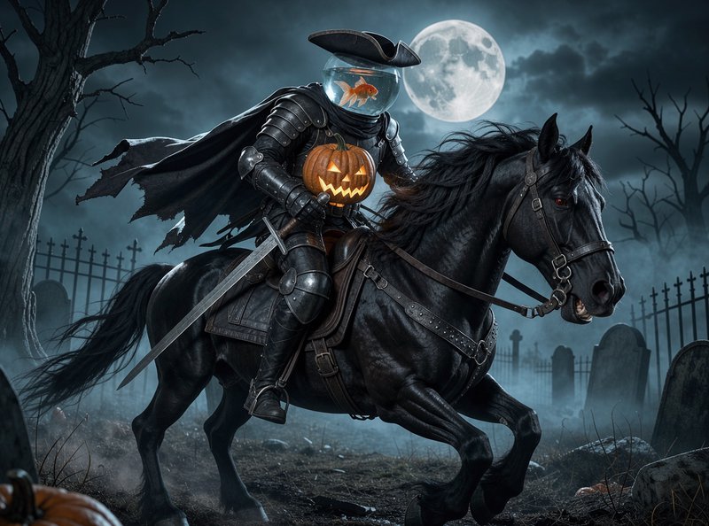 Surreal headless horseman with fishbowl head rides a black stallion through a moonlit foggy grave...