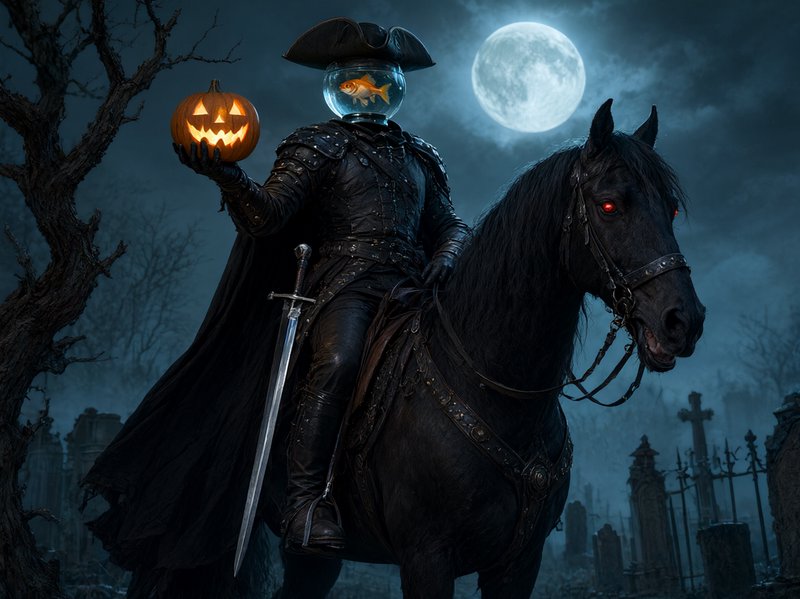 Surreal Halloween horseman with fish bowl head holds a glowing jack-o-lantern while riding a black horse in a moonlit