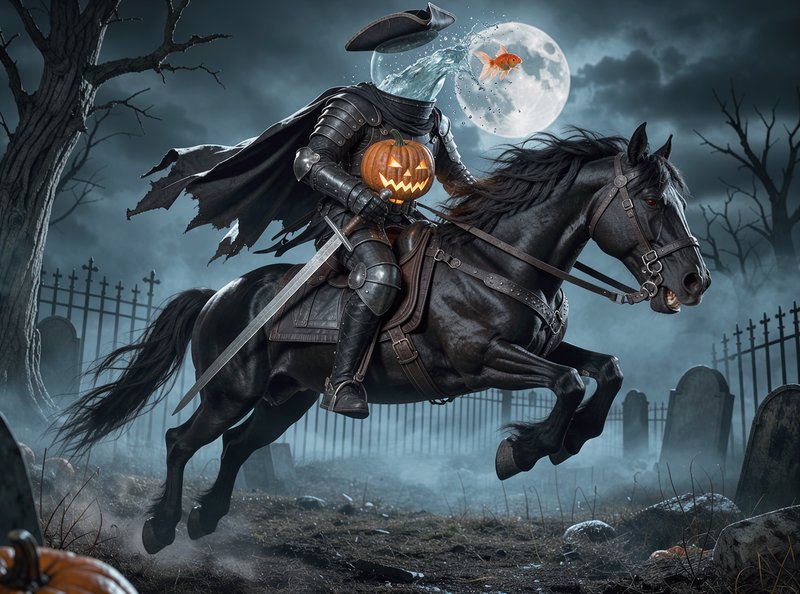 Surreal headless Halloween rider on a galloping black horse holds a jack-o-lantern in a foggy moo...