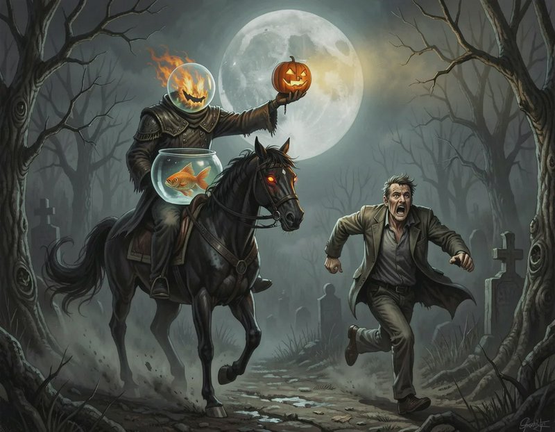 Surreal headless Halloween rider on a glowing-eyed black horse chases a terrified man through a f...