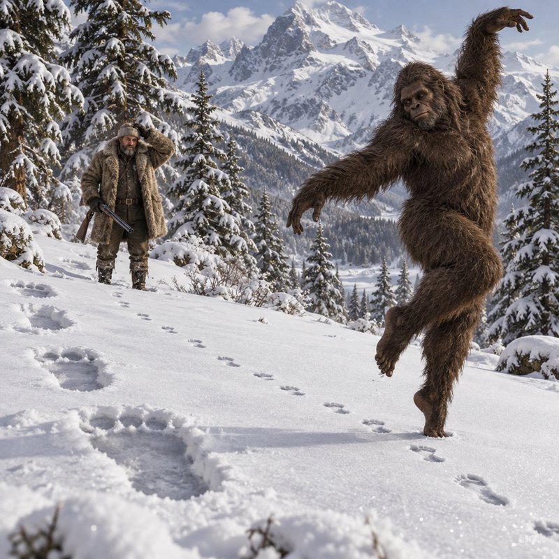 Playful dancing bigfoot balances on a snowy mountain slope as a confused fur-clad hunter looks on