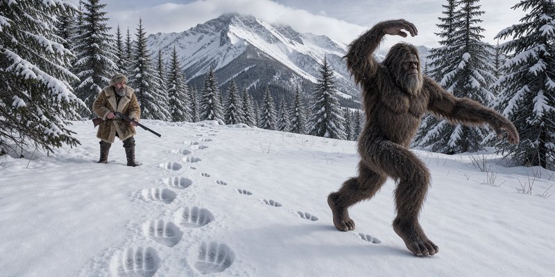 Shaggy bigfoot strides across a snowy alpine clearing as a fur-clad hunter with a rifle observes nearby