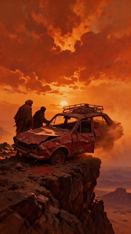 Two robed travelers stand beside a wrecked sedan balanced on a desert cliff edge at fiery sunset