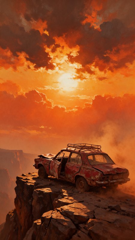 Rusted wrecked vintage sedan sits perched on a rocky canyon cliff beneath a fiery orange sunset sky