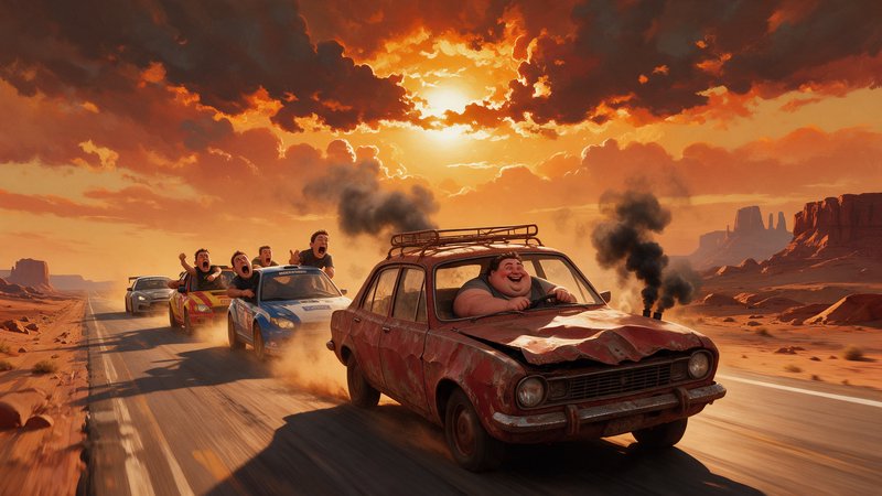 Grinning cartoon driver leads a chaotic desert road race in a smoking beat-up old car at sunset
